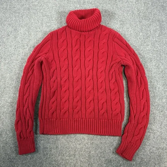 Lauren Ralph Lauren Sweater Womens Large Red Cable-Knit Turtleneck 100% Cotton - Picture 1 of 7